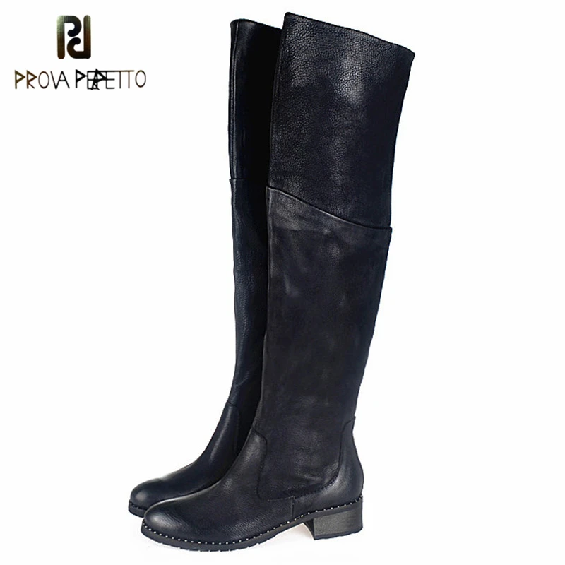 Prova Perfetto Classic Style Casual Over The Knee Shoes Black Sheepskin Med Heels Knight Boot Comfortable Warm Winter Shoes prova perfetto winter plush in warm boots suede leather bling fringe design over the knee boot solid spike heels knight shoes