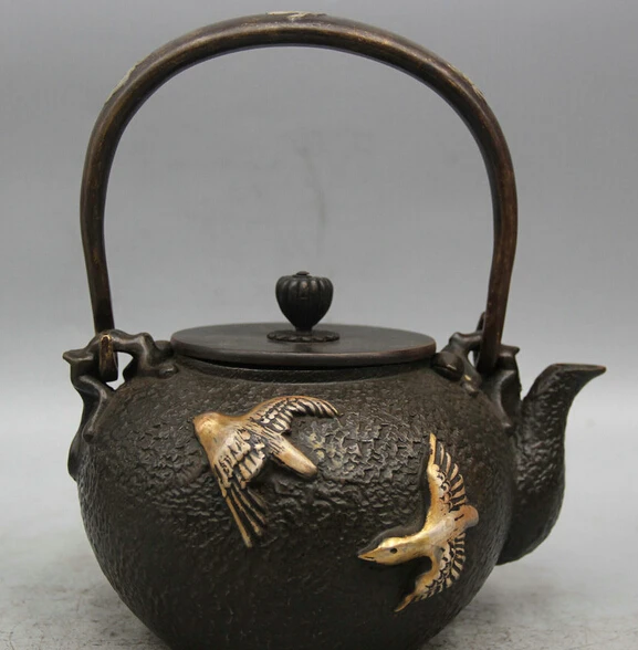 

JP S0524 9" Archaic Japanese Iron Silver Bird Eagle Portable Kettle Wine Tea Pot Flagon
