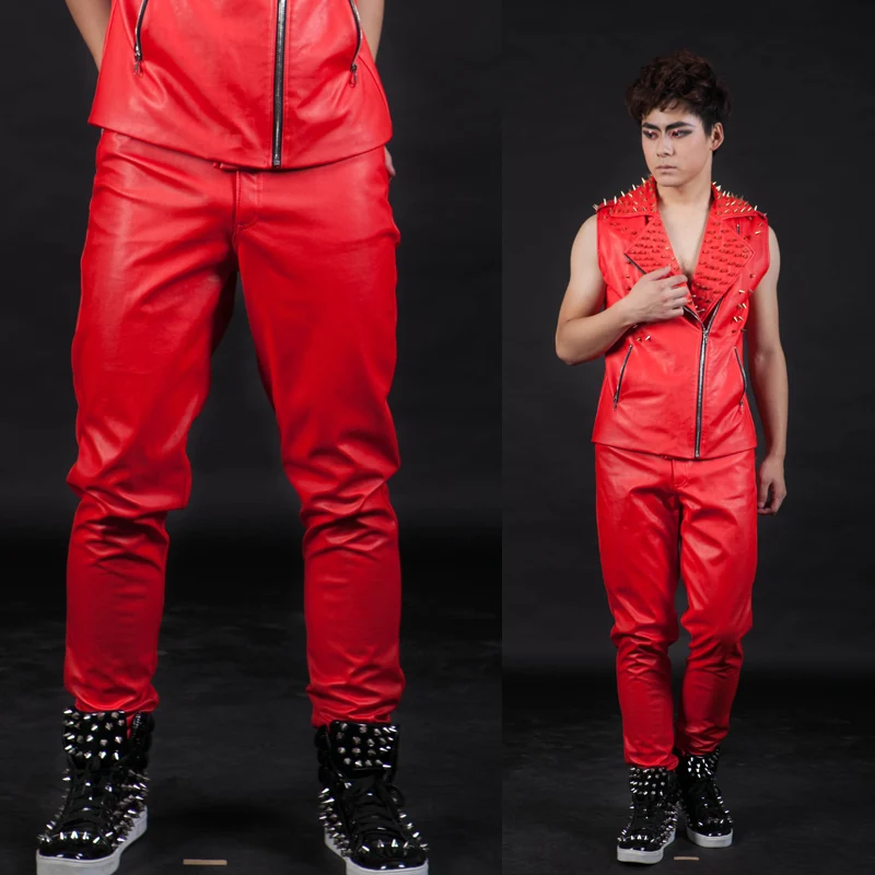 Стиль Мода Красный цвет мужской ds высокое качество тонкие кожаные штаны джентльмен певец танцы сценическое шоу мужские брюки