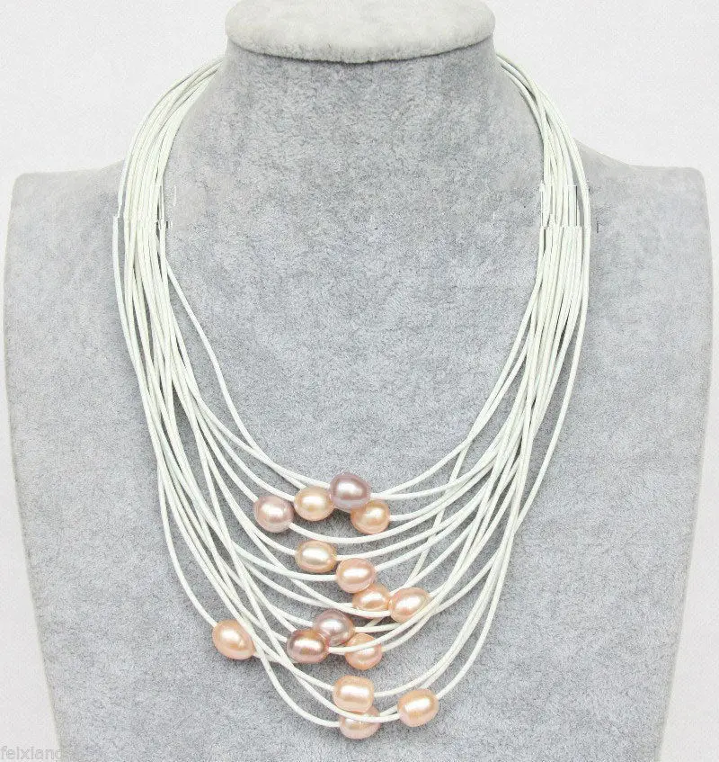 

Hot sale new Style >>>>>17"-24" 13mm pink purple pearls white leather necklace