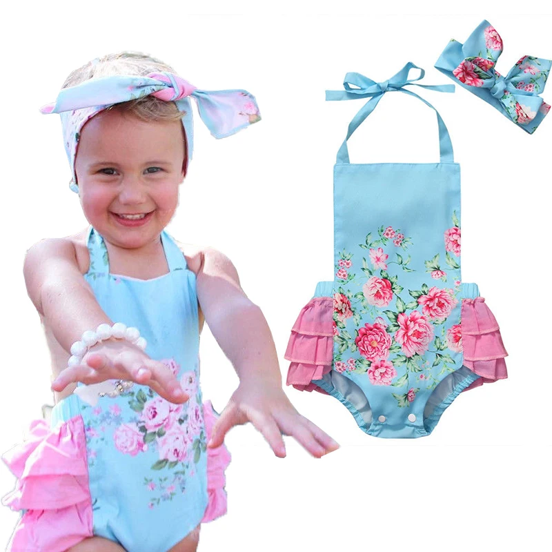 Skyblue Floral Halter Bodysuit 2017 Summer Baby Girl Newborn Infant Babies Girls Bodysuits