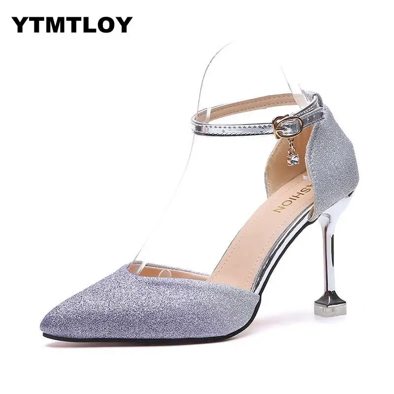 

2019 Women Autumn Strap High Heels Ladies Pumps Pointed Toe String Shoes Sexy Footwear Drop Zapatillas Mujer Sequined Cloth T6