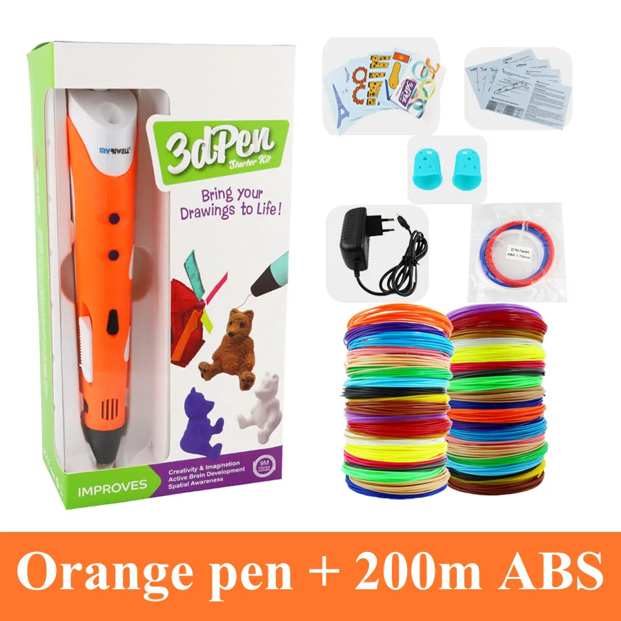 Myriwell 3D Ручка 25 м или 50 м или 100 м 1,75 мм ABS нить оригинальная DIY 3D ручка для печати 3D ручки для детей подарок 3D Ручка для рисования - Цвет: Orange with 200m ABS