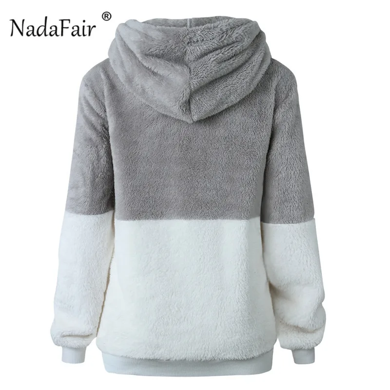 Nadafair, искусственный Пушистый Плюшевый свитер с капюшоном, Женский пуловер на шнурке из искусственного меха, джемпер, женский свитер на молнии, Осень-зима