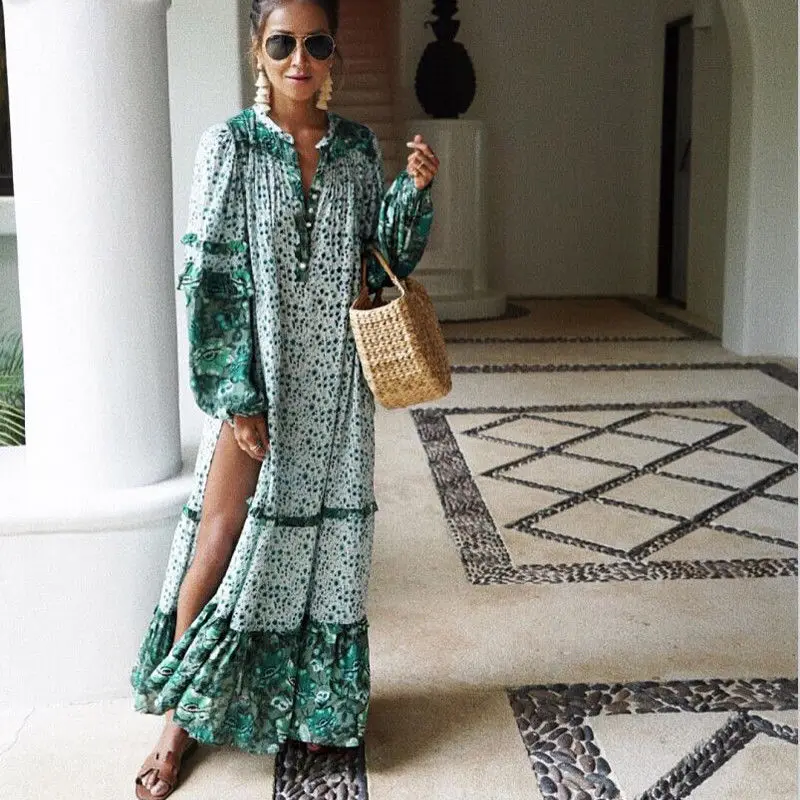 Women Summer Boho Long Maxi Dresses Evening Long Flare Sleeve Party Beach Dress Loose Split Sundress New Fashion Plus Size Dresses