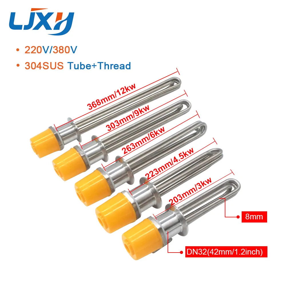 LJXH DN32 Tubular Heater Heating Element 220V/380V 304Stainless Steel 1.2"Thread Immersion Water Heating Tube with plug Head Nut