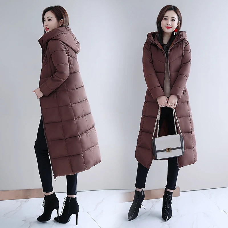 Зимнее пальто Новое плотное длинное облегающее Модное теплое пуховое пальто с капюшоном - Цвет: Brown