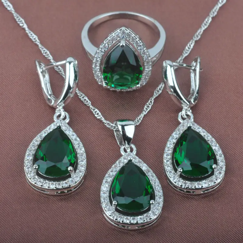 

Water Drop Green Zirconia Zirconia Women's 925 Silver Jewelry Sets Necklace Pendant Earrings Ring Free Shipping TZ0106