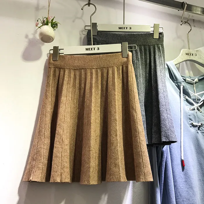High Waist Knitting Skirt 2017 New Autumn All-match Half Mini Skirt Woman Slim Solid Colour Fashion Cotton Pleated Skirt GL1013 (2)