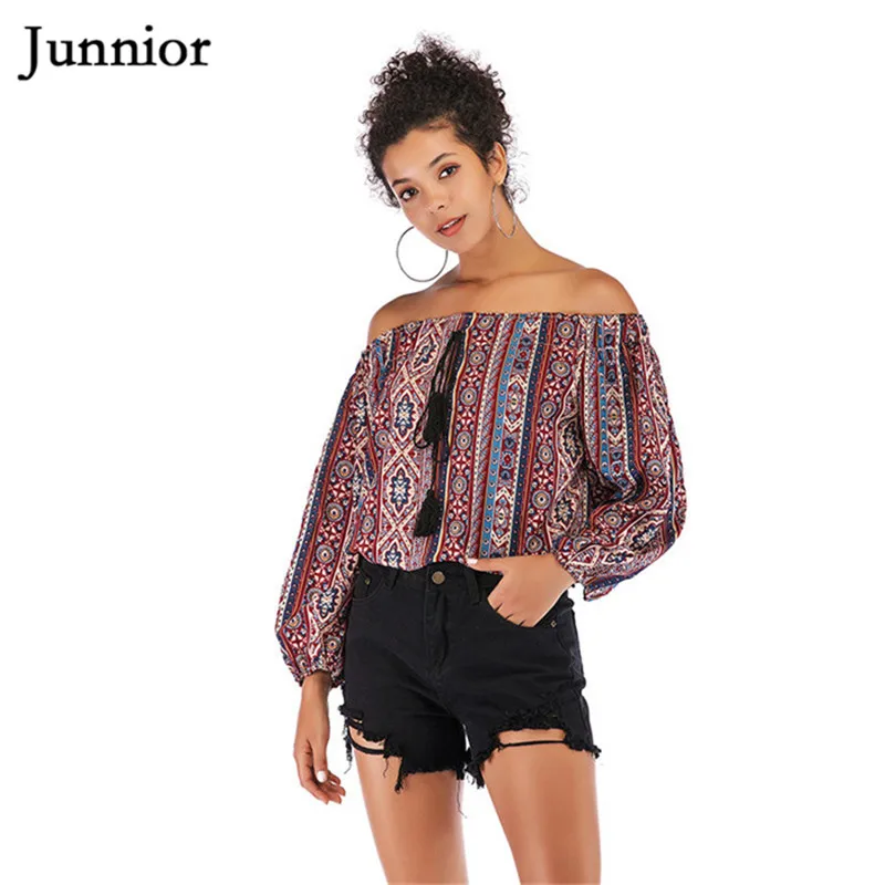 

Junnior Folk Blouse for Women Vintage Slash Neck Robe Tops Female Bishop Sleeve Off Shoulder Bohemian Blouses Frilled Modis