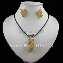 Элегантный Ювелирный Набор AA 6x8 мм золото шампанское кристалл кожа Ожерелье Серьги Горячая распродажа A2073