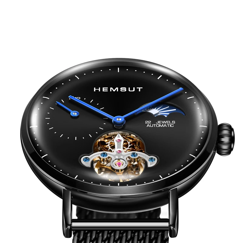 

Black Mechanical Automatic Watch Men Moon Phase Luminous Stainless Steel Waterproof Top Brand Luxury Men Watches 2019