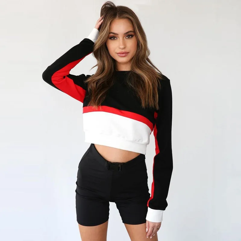 

2019 Spring and Autumn Women Hot Sweet Round Neck Short Color Matching ColorSweatshirts Pullover Tops Women Poleron Mujer Korean