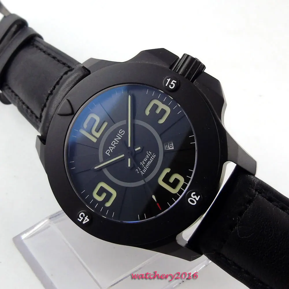  Newest 47mm Parnis black dial sapphire glass Date window PVD Case Luminous Hands 21 jewels Miyota A