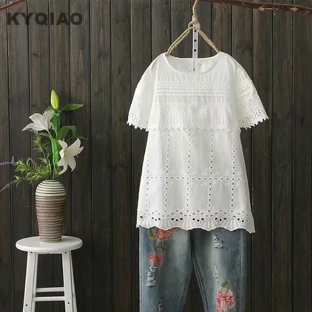 KYQIAO кружевная рубашка mori девушки осень лето японский стиль сладкий короткий рукав o-образным вырезом белый розовый сплошной кружева блузка блуза - Цвет: Белый