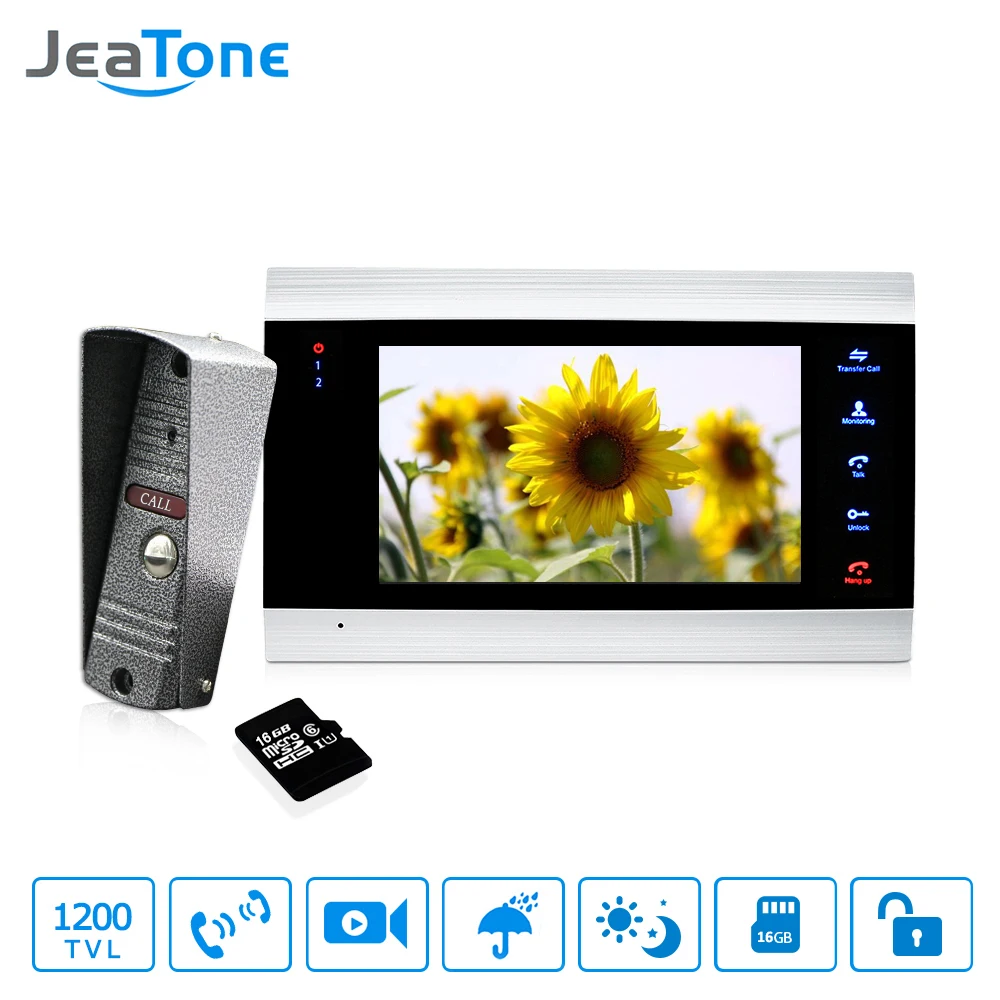7 Inch Touch Button Video Doorbell Intercom Waterproof Door Phone Intercom 1 Monitor 1 Doorphone 16G