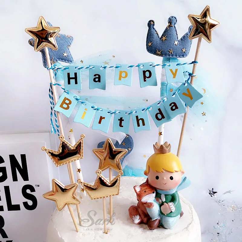 Золотая голубая звезда сердце Корона пряжа "с днем рождения" торт Топпер для вечерние украшения десерт прекрасный подарок