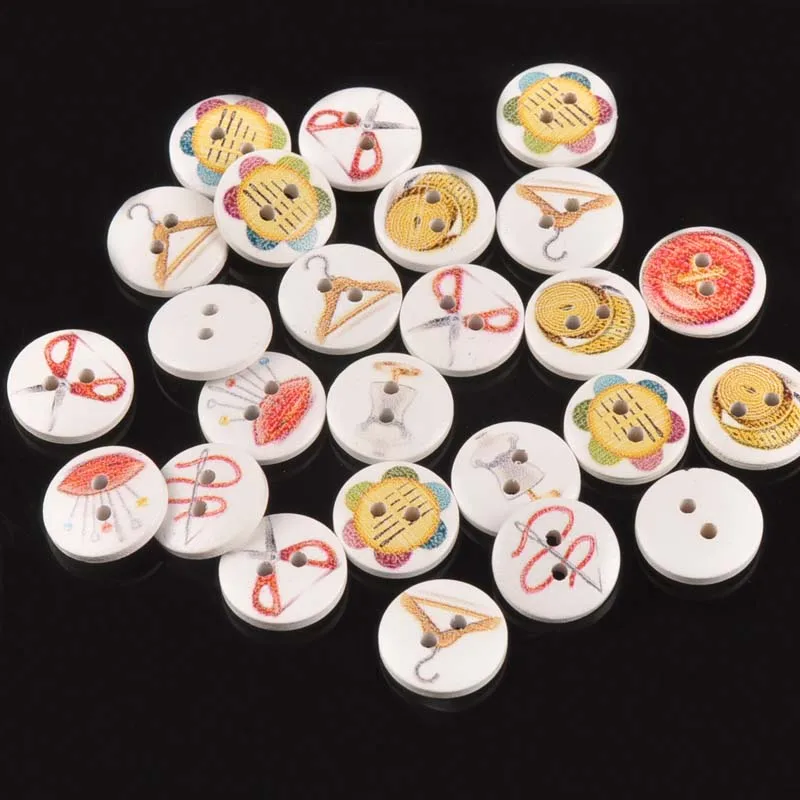 

50pcs Mixed Sewing Kit Painted Pattern Wooden Buttons For Crafts Scrapbooking Accessories Kid Clothing Sewing Button 15mm M0991