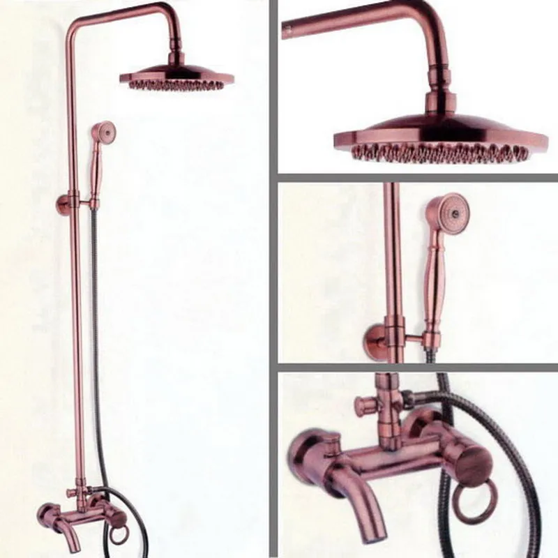 

Antique Red Copper Brass Single handles Wall Mounted Bathroom 8" Round Rain Shower Tub Faucet Set With Handshower arg009