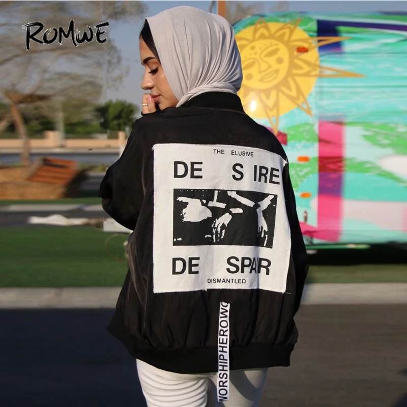 ROMWE Patch Back Ribbon Detail Oversized Bomber Jacket Women Stand Collar Zipper Letter Jackets 2018 Loose Spring Women Coat ROMWE Patch Back Ribbon Detail Oversized Bomber Jacket Women Stand Collar Zipper Letter Jackets 2018 Loose Spring Women Coat