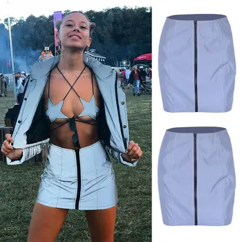 

Sexy Reflective Skirts Women Zipper Front Mini Skirt High Waist Bodycon Pencil Skirts Streetwear Club Wear Women Clothes