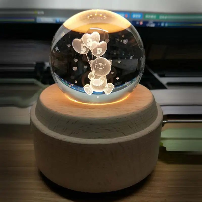 Caja de música de bola de cristal de Luna caja de música luminosa de madera manivela de mano mecanismo giratorio innovador para regalo de cumpleaños