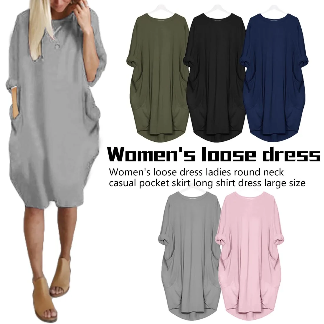 

Women Solid Long Maxi Dress V Neck Pocket Short Sleeve Loose Solid Harajuku Dresses Plus Size