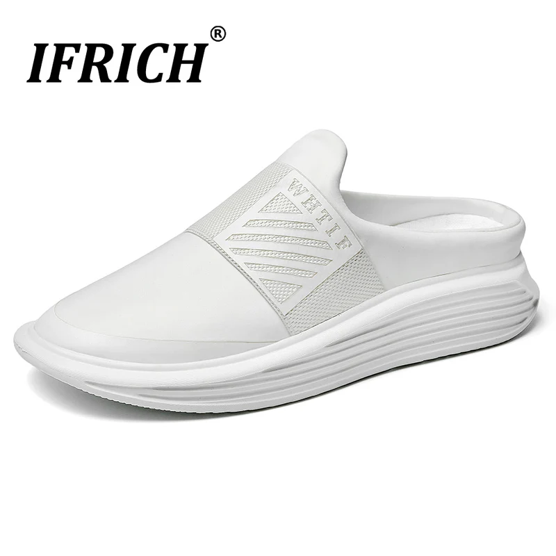

Ifrich Summer Mens Designer Sneakers Half Drag Lazy Shoes For Men Breathable Slip-On Casual Man Shoes White Black Half slippers