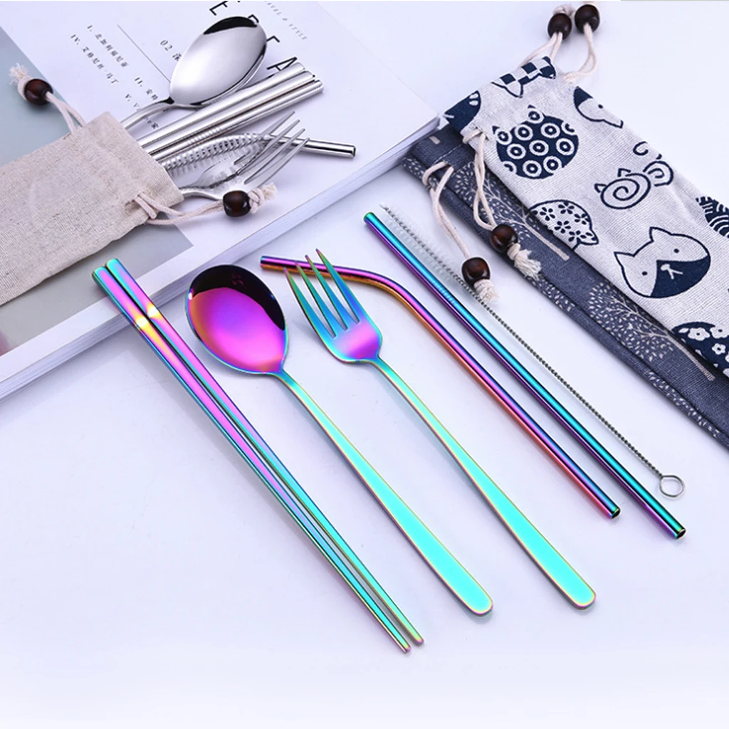

High Grade Stainless Steel Dinnerware Set Spoon Fork Chopsticks Straw With Cloth Pack Cutlery For Outdoor Office Picnic BBQ