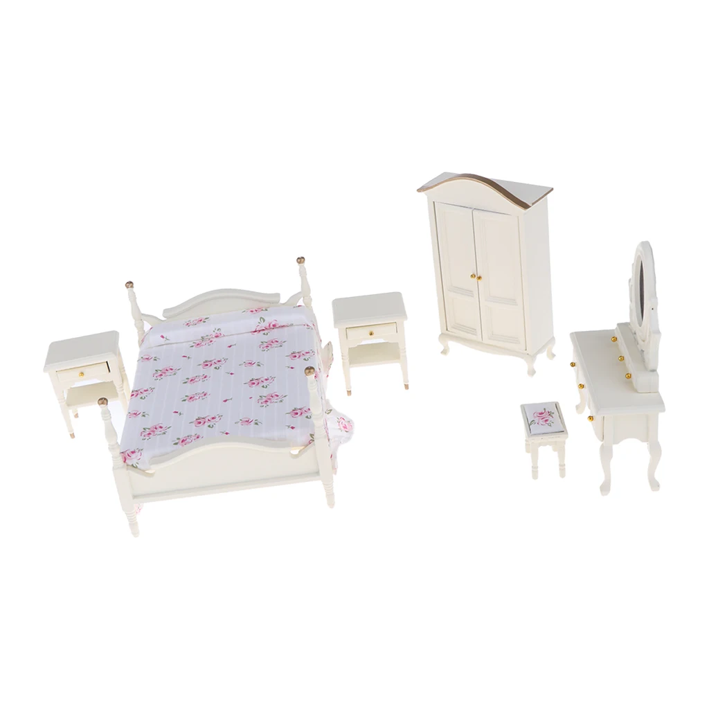 1:12 6 шт. кукольный домик Миниатюрный белый деревянный комплект мебели для спальни кровать комод Зеркало Набор Аксессуаров