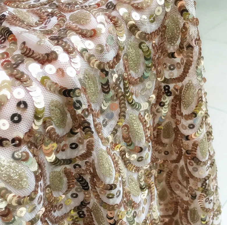 

Champagne Gold Phoenix Tail Peacock Tail Feather Embroidery Sequin Fabric Forr Dress Material Tela Sewing Gele Headtie