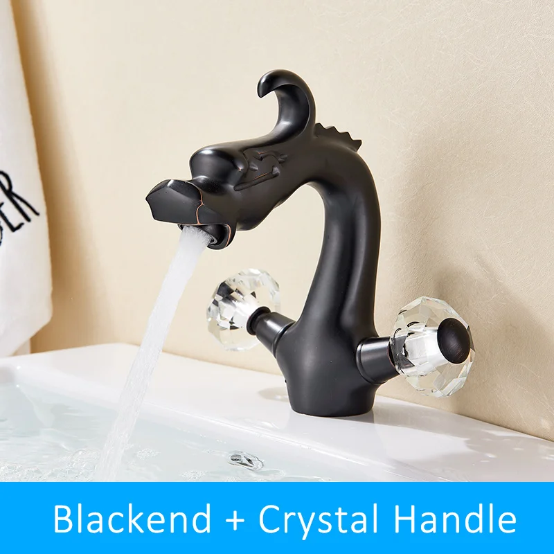 Quyanre дракон стиль смеситель двойной кристалл ручки горячей холодной воды Смеситель кран палубного крепления Ванная комната Туалет Смесители для раковин - Цвет: Black Crystal