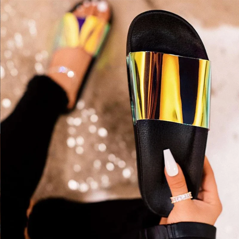 

Woman Flat Slippers Summer Bling Slides Candy Color Soft Jelly Shoes Transparent Female Open Toe Flip Flops Ladies Beach Shoes
