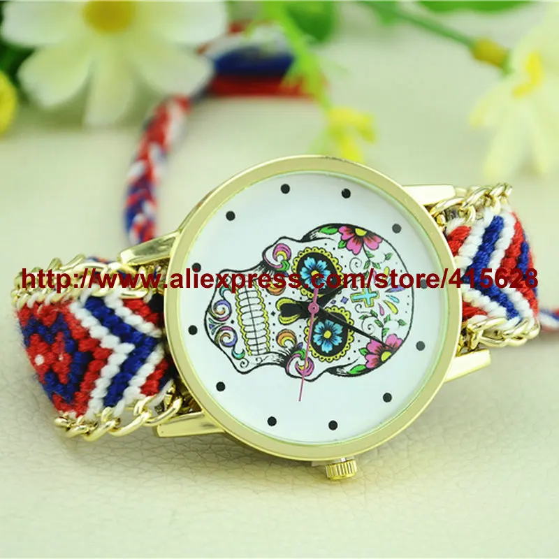 5 цветов бренд ручной работы плетеный череп головы дружбы веревочный браслет часы женские кварцевые часы на запястье 100 шт/партия