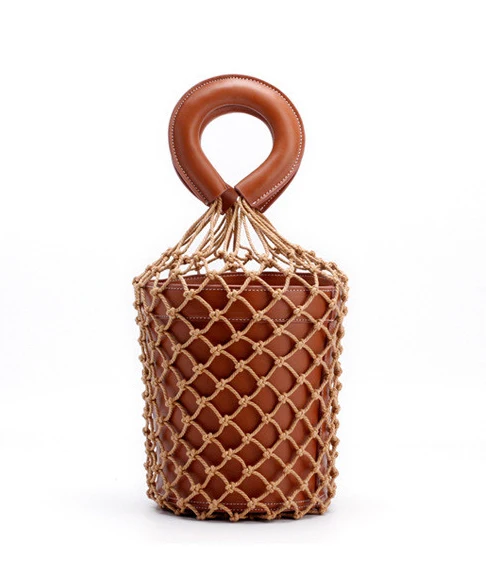 

Genuine Leather Women Nets Bucket Bags Hollow Bag Summer Totes Handbag 2018 Fashion New High Quality