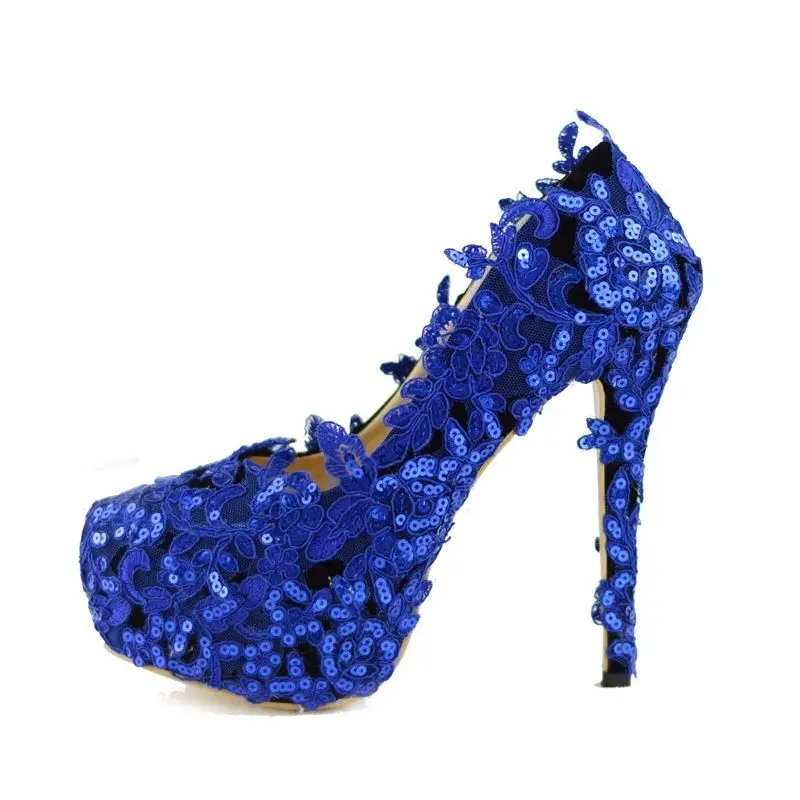 Королевские синие кружевные туфли-лодочки, женская обувь на очень высоком каблуке 14 см, на платформе, NQ130, блестящие синие свадебные