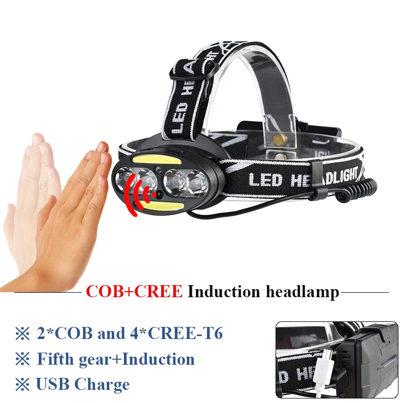 

usb charge headlight hoofdlamp IR sensor led headlamp led 4 cree xml t6 2 cob head lamp charge flashlight head torch headtorch