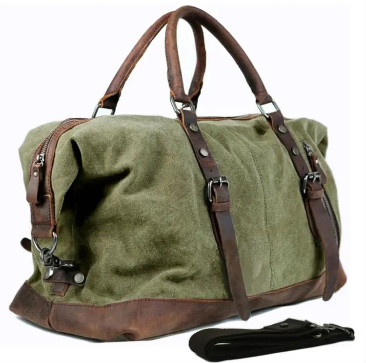 Military Canvas Leather Men&#39;s Travel Bag Hand Luggage Bag Carry On Large Men Leather Duffle Bag ...