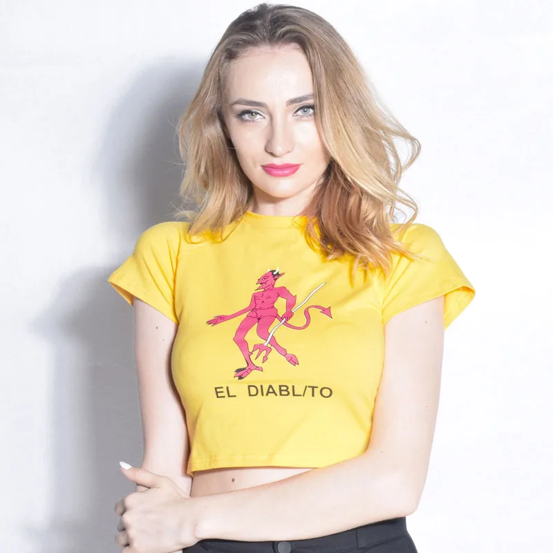  EL DIABLITO Letter Print Yellow T Shirt Crop Top Women Short Sleeve Casual Cropped Shirt 2018 Summer Harajuku Devil Tees