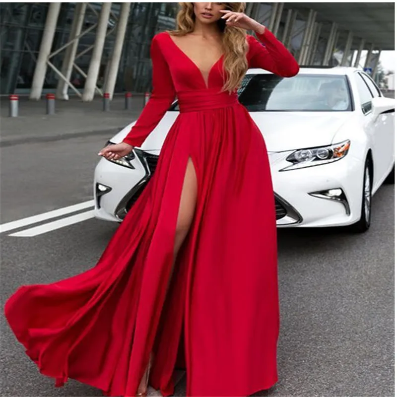 

The s-xl1120 red deep v neckline with open back and slim flash material