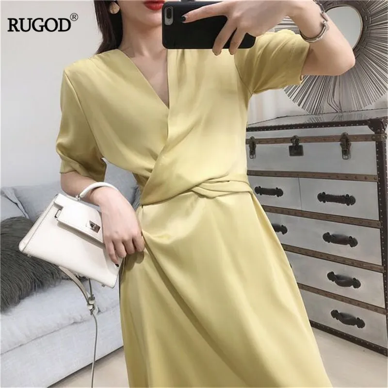 Корейская мода RUGOD атласное платье с поясом женское элегантное однотонное