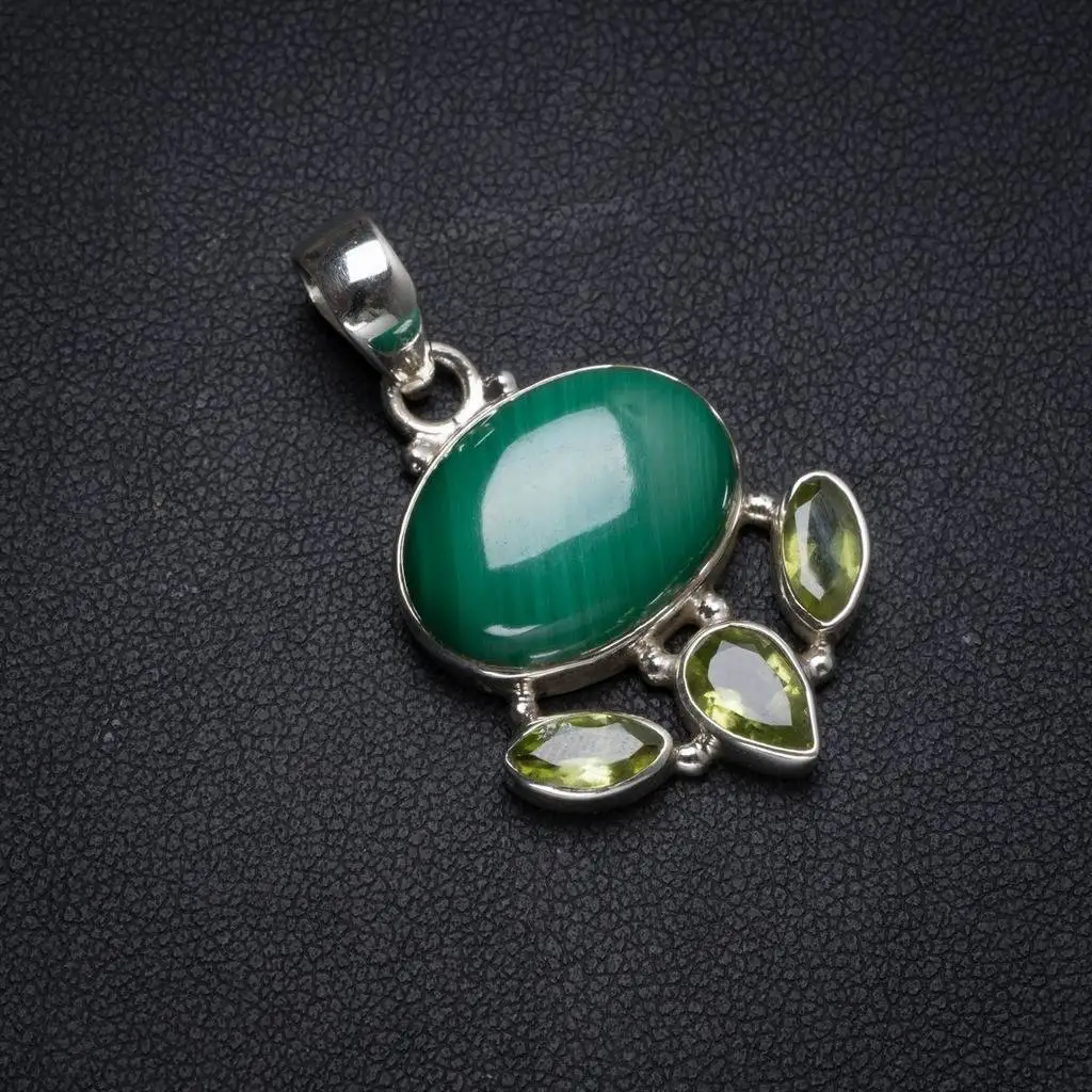 

Natural Malachite and Peridot Handmade Unique 925 Sterling Silver Pendant 1.5" X0262
