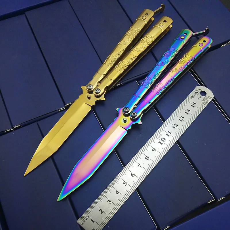 8," дюймовый нож-бабочка в форме лотоса, красивый нож для гравировки, тренировочный нож, инструменты для практики, Радужный цветной Золотой титановый нож высокого качества для повседневного использования