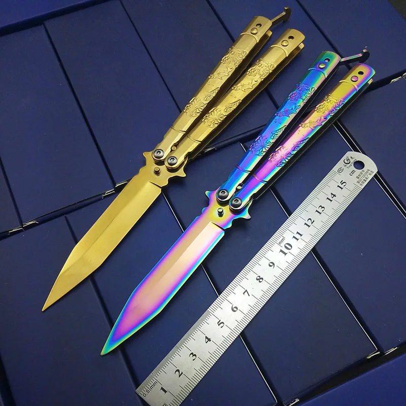 

8.5" inch Lotus Carve Butterfly in Knife Beautiful Engrave Training Knife Practice Tools Rainbow Colorful Gold Titanium High EDC