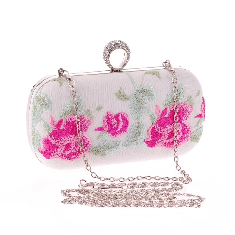 

New Fashion National Style Folk-custom Evening Clutch Women's Embroidered Flower PU Handbag Metal Chain Crossbody Shoulder Flap