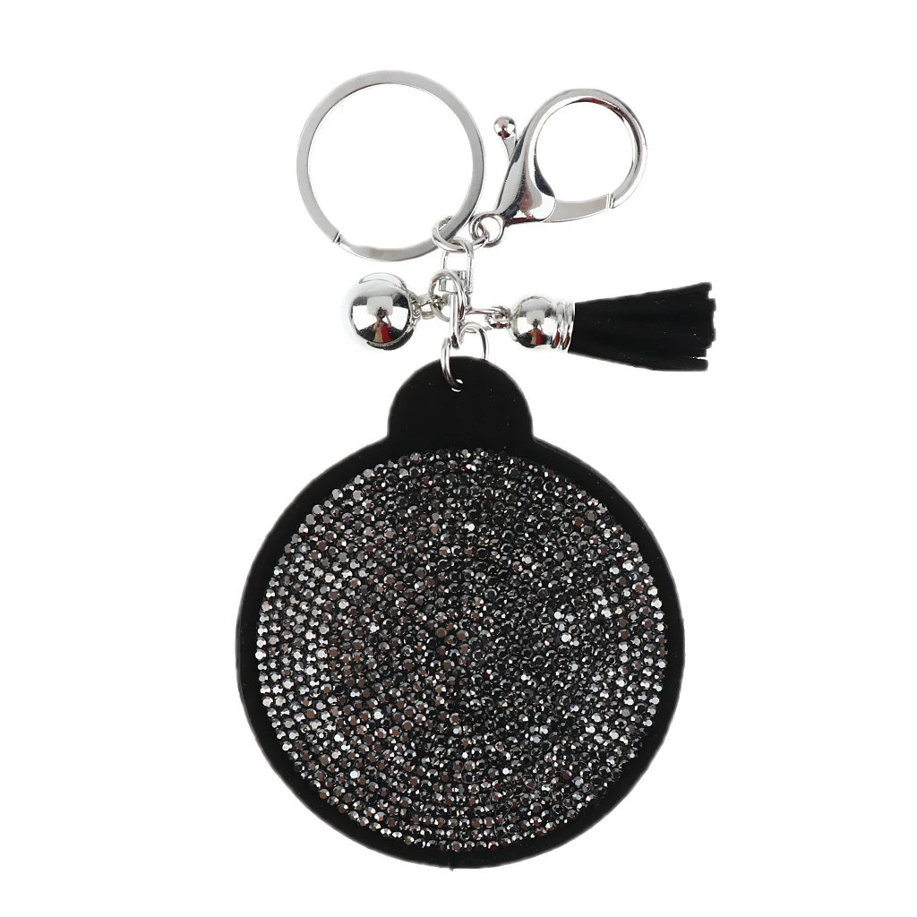Woman Charm Key Chain Shape Round Crystal Keychain Tassel Mirror Grey