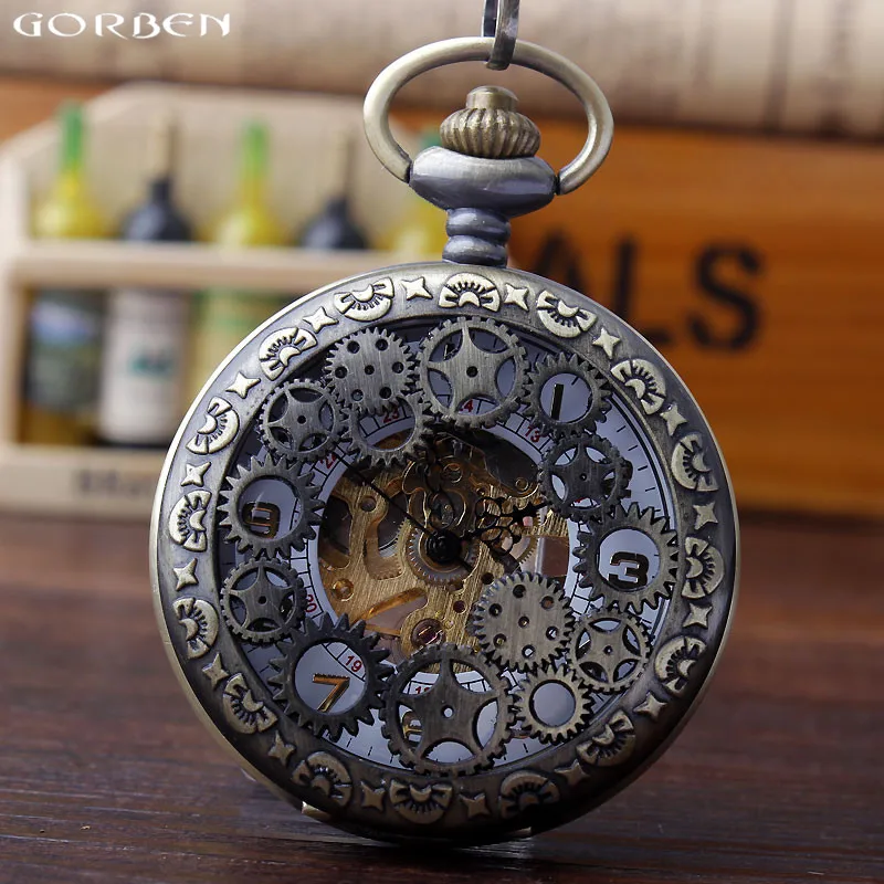 

Retro Hollow Gear Mechanical Hand Wind Pocket Watches Steampunk Men's Mechanical Pocket Watches Fob Chain Necklace Gift Box