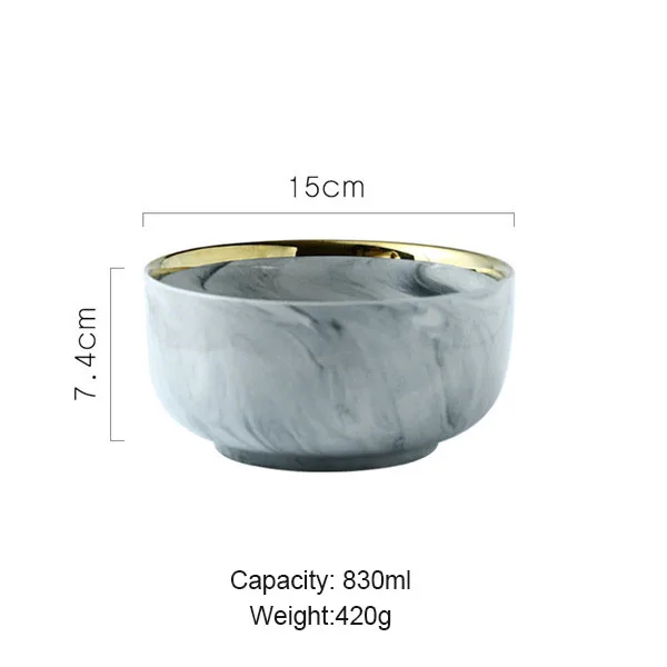 Роскошная мраморная керамическая миска, тарелка, ложка с гальваническим покрытием, позолоченная миска для риса, обеденная тарелка, столовая посуда, серая Бытовая 1 шт - Color: Medium bowl