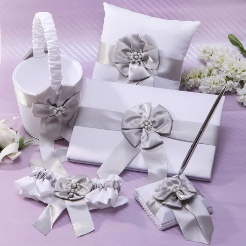 

Free shipping 5pcs set silver ribbon with pearl decoration bow Wedding Collection Set JHTZ1055