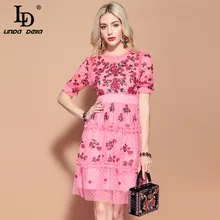 Женское платье с сеткой LD LINDA DELLA, подиумное праздничное вечернее платье розового цвета, с коротким рукавом, с пайетками, повседневное платье на лето